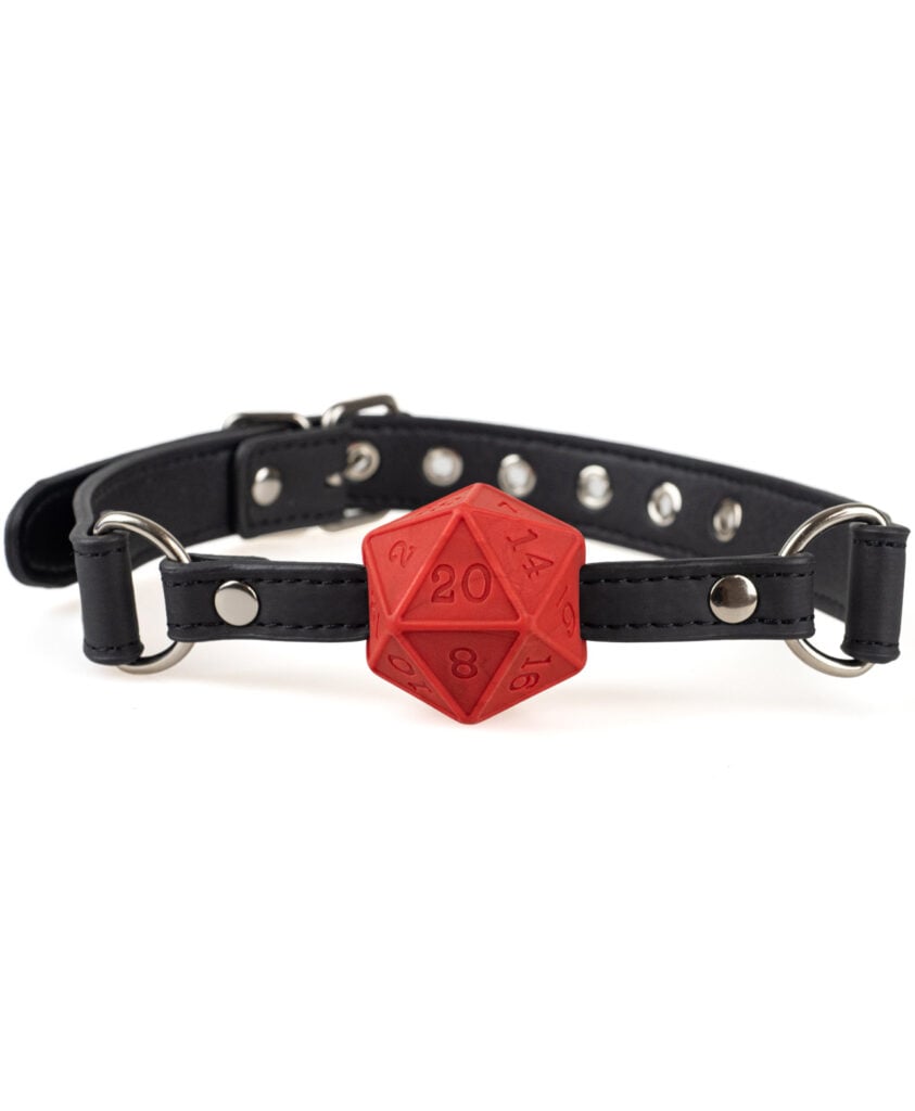Red D20 dice-shaped Gag with engraved numbers, black leather strap and silver hardware