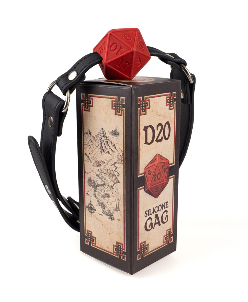 The D20 Gag photographed at an angle showing multiple numbered faces of the dice shape