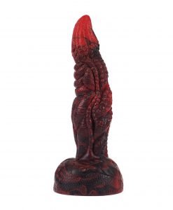 Side profile of the Drodong Dragon Dildo showing crimson ridges and dark marbled colouring