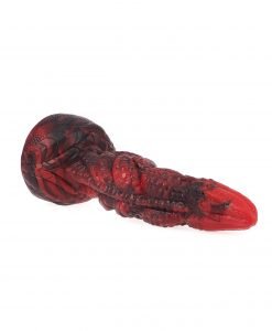 Close-up of the Drodong Dragon Dildo mid-shaft showing scale-like texture and red-black swirl