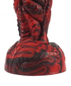 Bottom angle of the Drodong Dragon Dildo showing the suction cup base and dark red finish