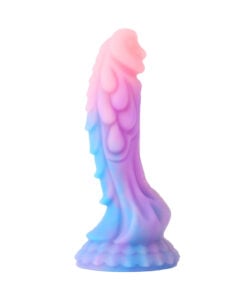 Pastel pink, purple and blue gradient Fairy Dragon Dildo with wing ridges, side profile view