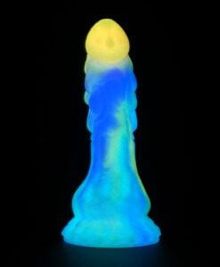 Rear three-quarter view of the Fairy Dragon Dildo with pink, lavender and blue tones