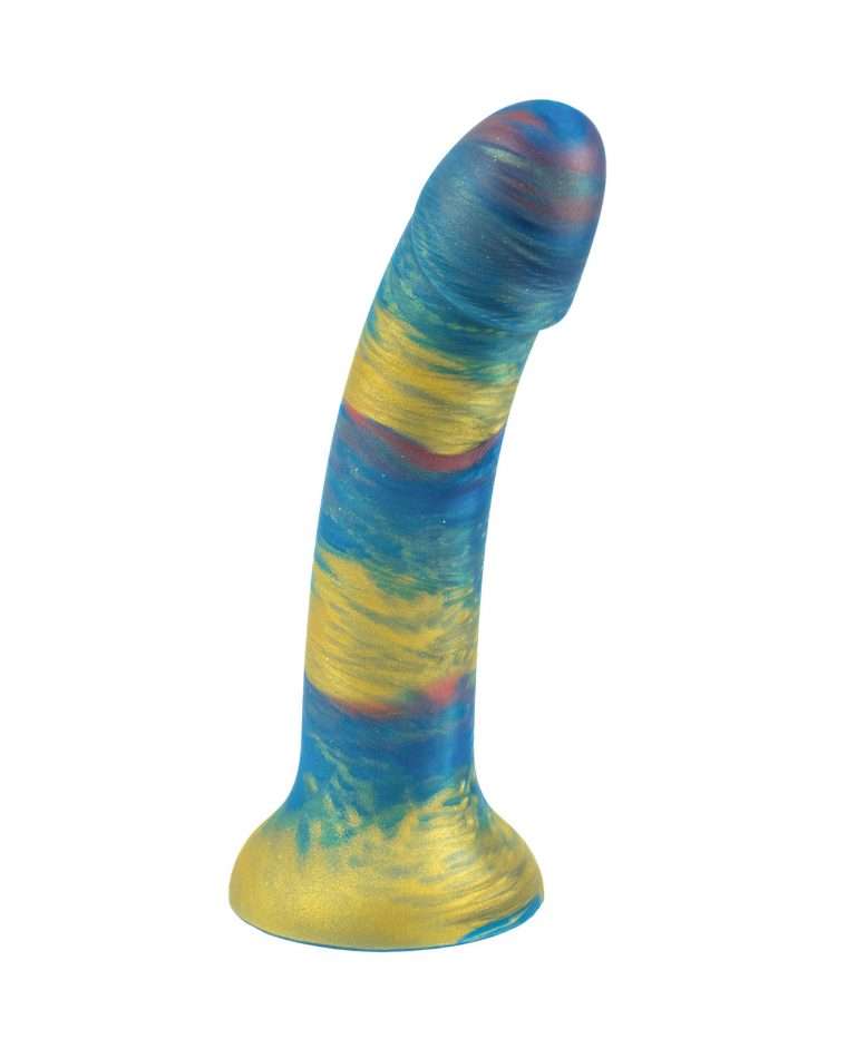 Starlight Galaxy Dildo with blue and gold marbled shimmer finish and suction cup base, front view