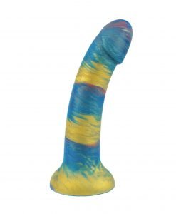 Three-quarter view of the Starlight Galaxy Dildo with shimmering blue and gold marbled finish
