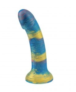 Starlight Galaxy Dildo at angle showing flower detail at base and blue-gold metallic swirl