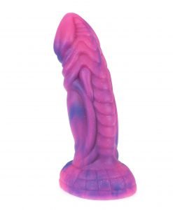 Side profile of the Roseus Dragon Dildo showing the marbled pink-blue swirl and glitter finish