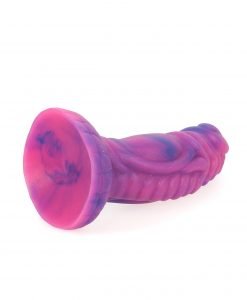 Close-up of the Roseus Dragon Dildo shaft showing the detailed ridges and pink glitter swirl