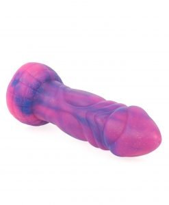 Top-down view of the Roseus Dragon Dildo showing the pointed tip and marbled colouring