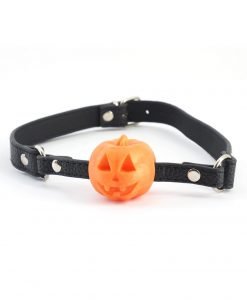 Orange jack-o-lantern Halloween Pumpkin Ball Gag with carved face, black strap and silver hardware