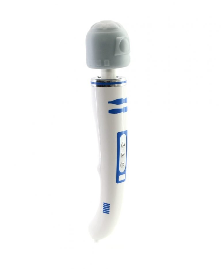 White and blue R2-V2 wand vibrator with dome head, chrome accent ring and control buttons