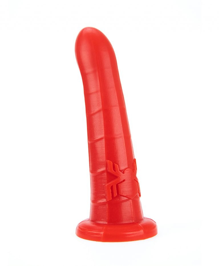 Bright red Spider Dildo with smooth curved shaft, web emblem and suction cup base, front view