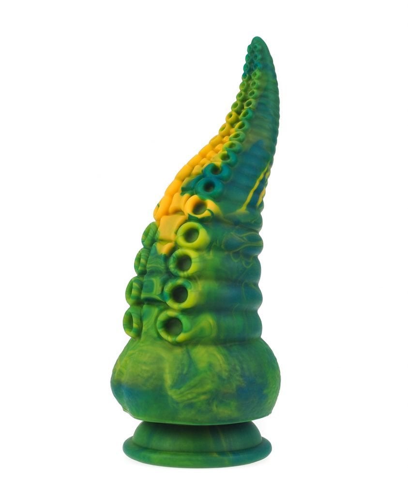 Green and teal marbled Swamp Monster tentacle with sucker nodules and curved tip, front view