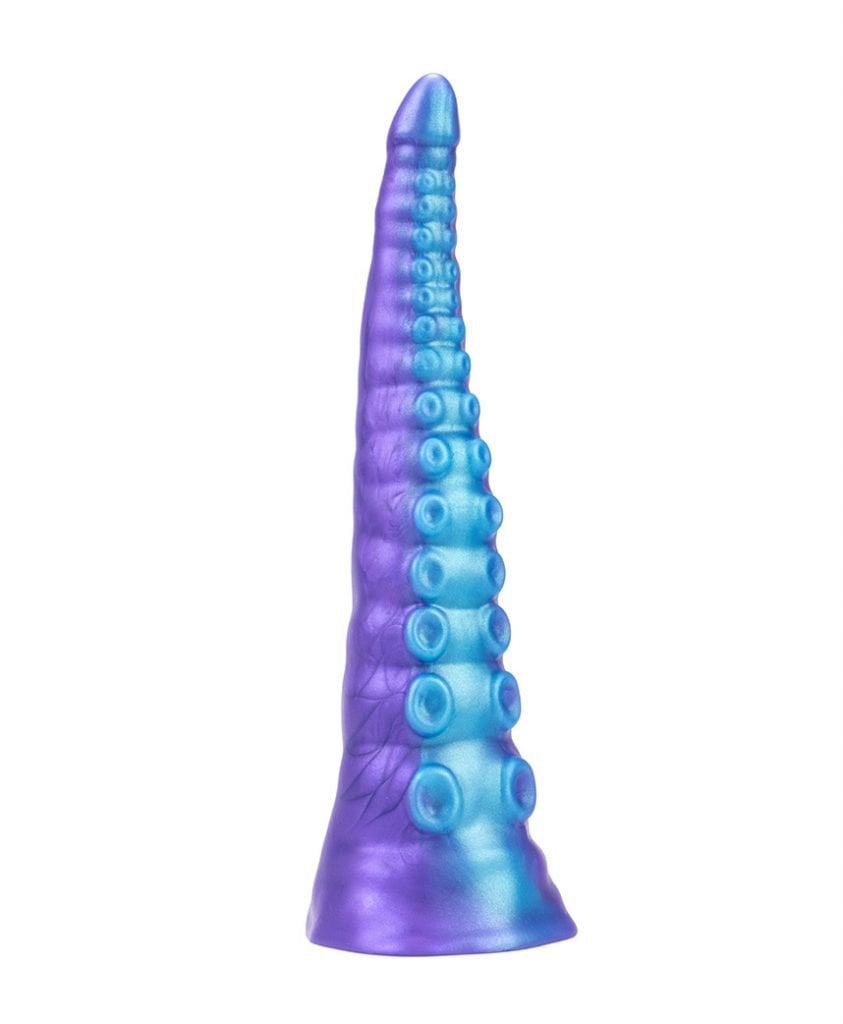 Purple and blue metallic Tentacle Hentai Dildo with suction cup details, standing upright