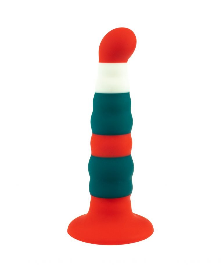 Red, green and white striped Christmas Dildo with ribbed shaft and suction cup base, front view