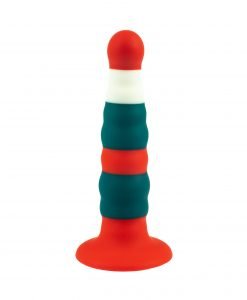 Three-quarter angle of the Christmas Dildo highlighting the festive red and green silicone bands