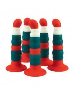 Five Christmas Dildos with candy cane striped pattern and red suction cup bases, group shot