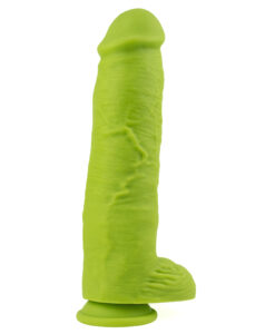 Rear angle of The Incredible Dong displaying the green silicone finish and sculpted details