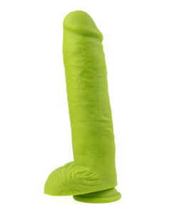 Angled view of The Incredible Dong demonstrating the glow-in-the-dark green silicone material