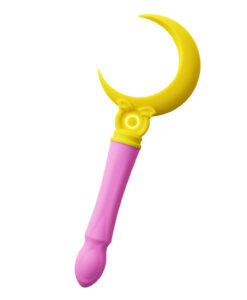 Moon Wand Vibrator with yellow crescent moon head and pink shaft shown at diagonal angle