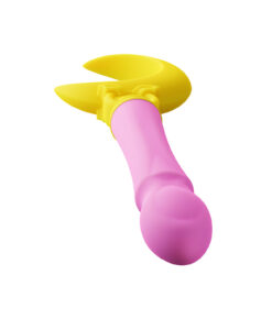 Angled view of the Moon Wand Vibrator showing the pink shaft and yellow crescent moon head
