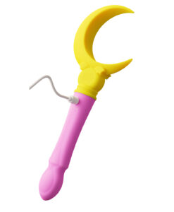 Close-up of the Moon Wand Vibrator crescent moon tip in yellow silicone with curved prongs
