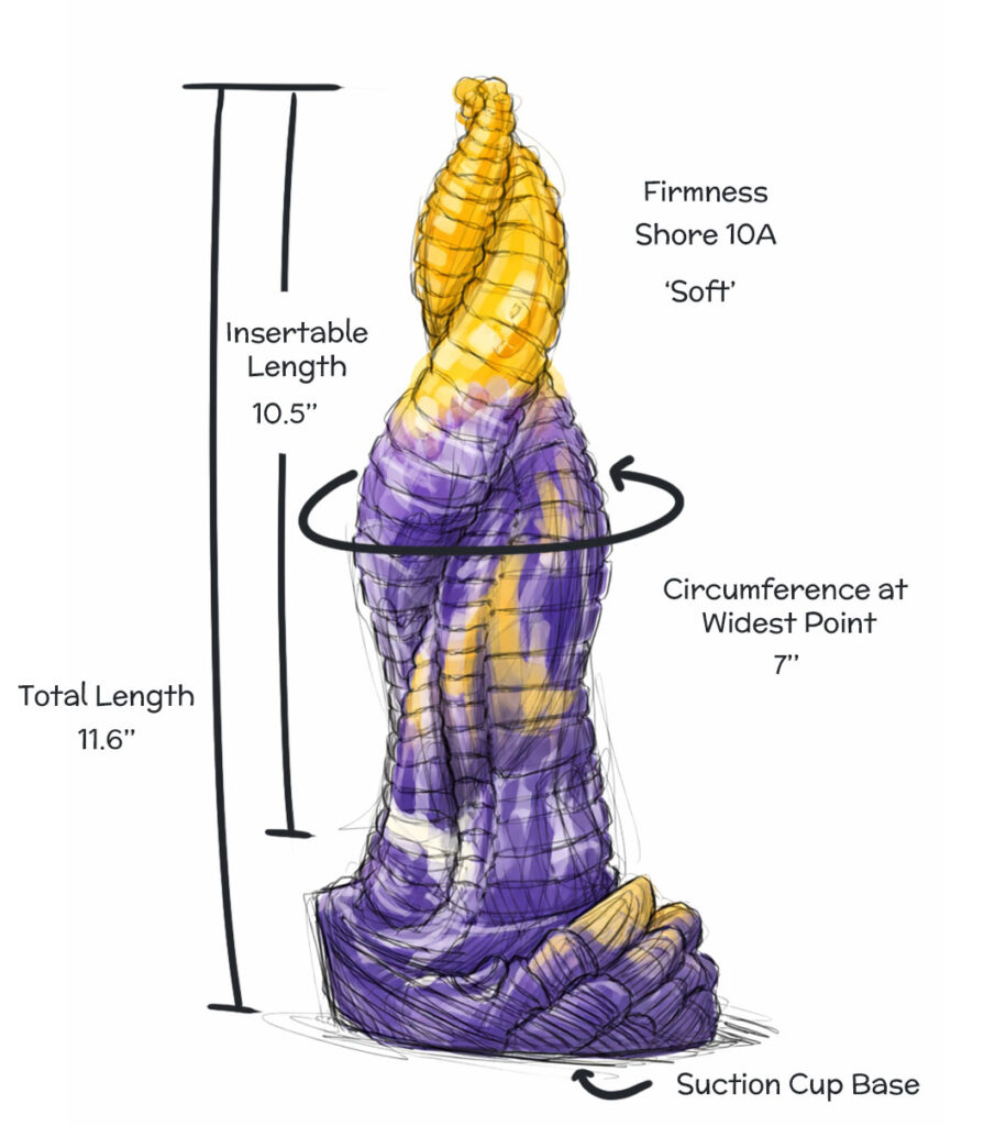 Illustrated dimensions sketch for the Amethysta Tentacle Dildo
