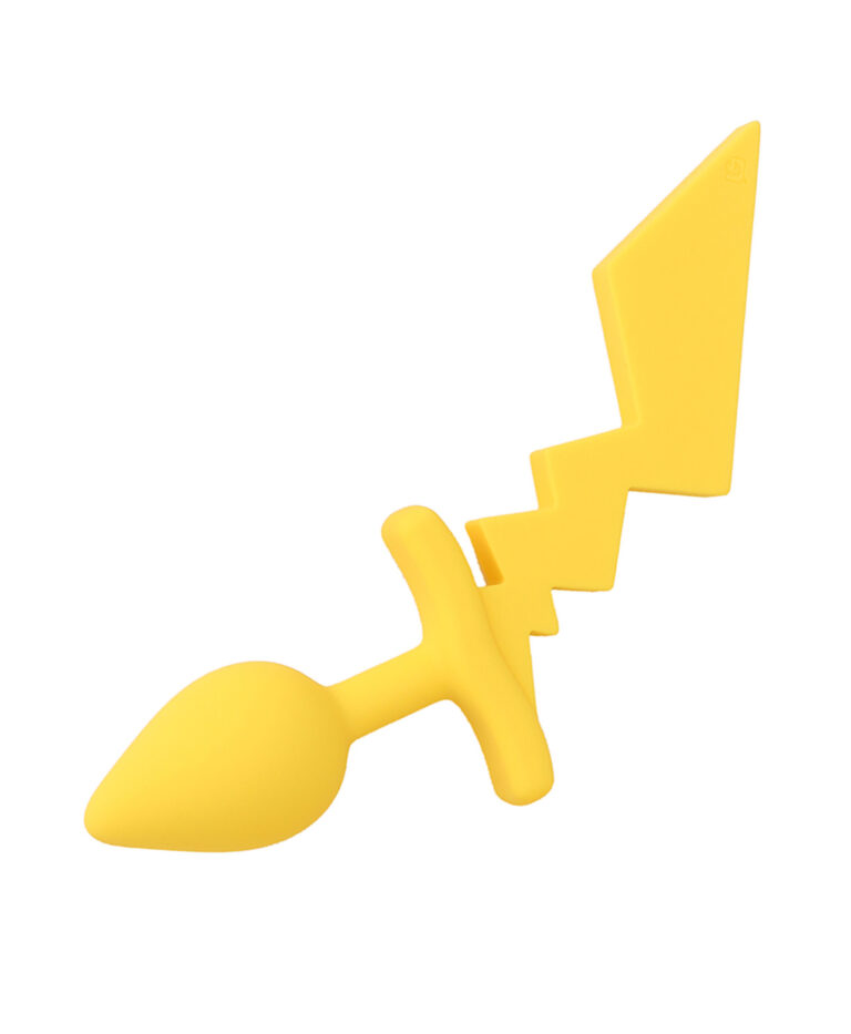 Bright yellow Piky Plug with teardrop shape and lightning bolt tail, side profile view