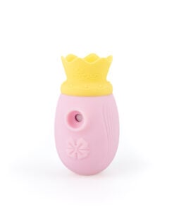 Pink Princess Peachy Suction Stimulator with yellow crown top and flower emblem, front view