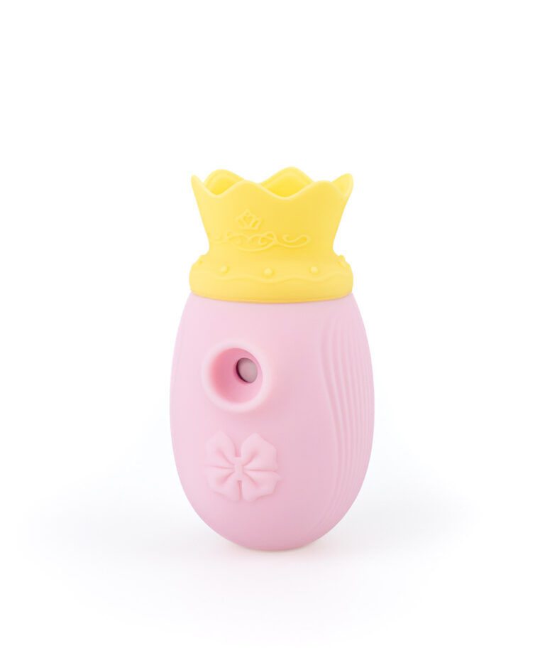 Pink Princess Peachy Suction Stimulator with yellow crown top and flower emblem, front view