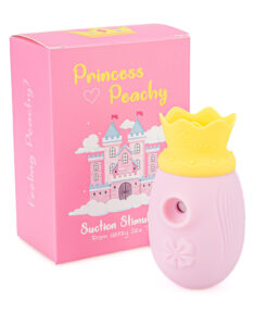 Three-quarter angle of the Princess Peachy Stimulator highlighting the suction nozzle opening