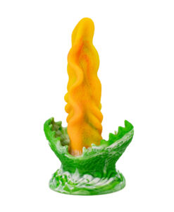 Yellow-orange Audrey the Monster Dildo with spiral ridges and green plant-mouth base, front view