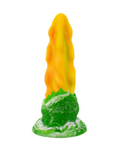 Three-quarter view of Audrey the Monster Dildo showing orange shaft with red speckles