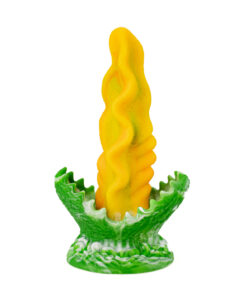 Close-up of the Audrey Monster Dildo mid-shaft showing the twisted ridge detail and colour