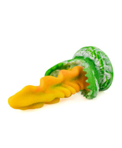 Side profile of Audrey the Monster Dildo highlighting the full spiral texture and height