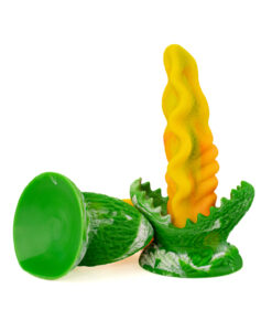 Rear angle of Audrey the Monster Dildo displaying the twisted shaft and green marbled base