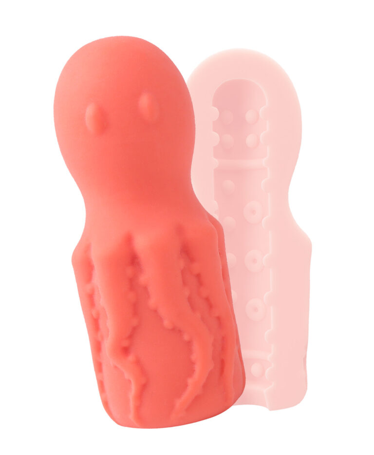 Coral pink OctoPussy Stroker with octopus design, shown with cross-section of textured interior