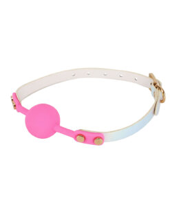 Angled product shot of the Pink Kawaii Ball Gag with iridescent strap on a white background