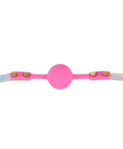 Rear view of the Pink Kawaii Ball Gag displaying the holographic strap and gold buckle closure