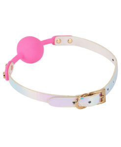 Close-up of the Pink Kawaii Ball Gag pink silicone sphere and gold metal rivets on the strap