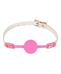 Pink silicone Kawaii Ball Gag with holographic iridescent strap and gold-tone buckle hardware