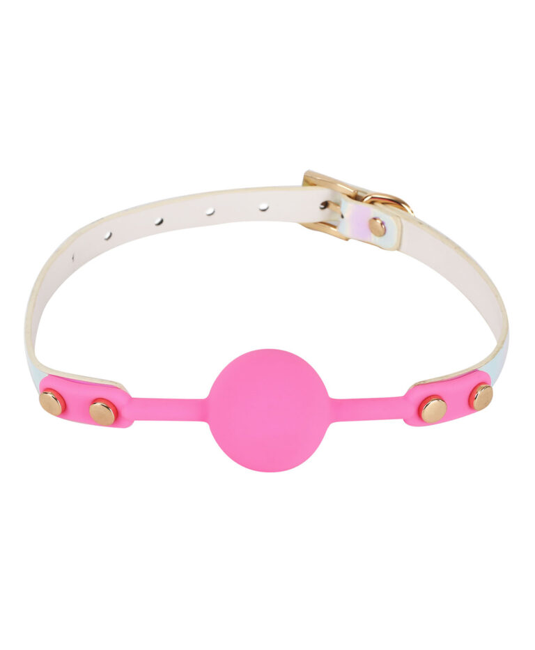 Pink silicone Kawaii Ball Gag with holographic iridescent strap and gold-tone buckle hardware