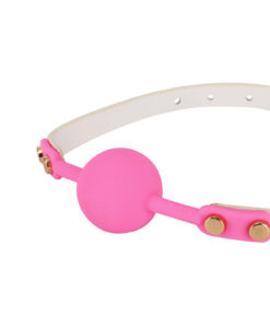 Side view of the Pink Kawaii Ball Gag showing the adjustable holographic strap and sizing holes
