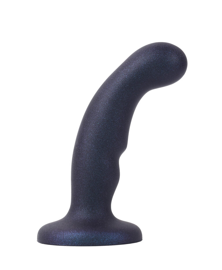 Navy blue glitter Deep Space Pegging Dildo with curved shaft and suction cup base, side view