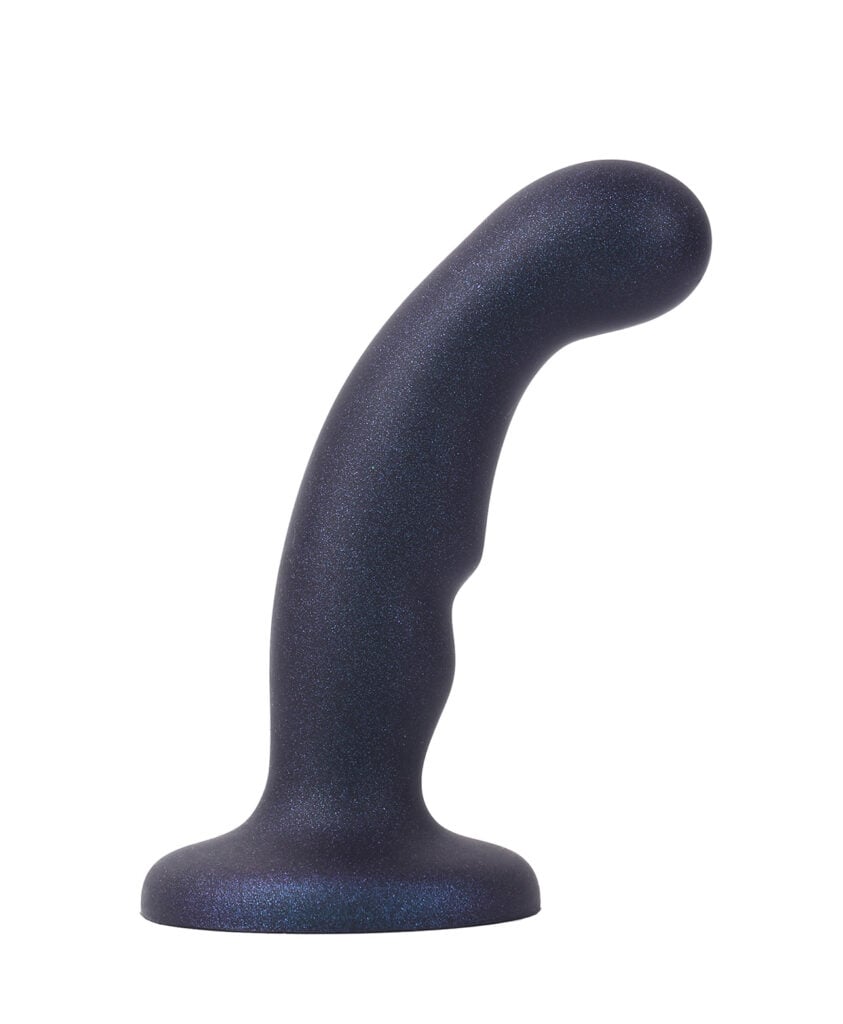 Navy blue glitter Deep Space Pegging Dildo with curved shaft and suction cup base, side view