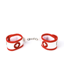 White fur-lined wrist cuffs with red cross emblems and chain from the Nurse Bondage Kit