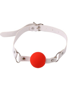 Close-up of the Nurse Bondage Kit red ball gag showing strap detail and silver hardware