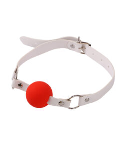 Red silicone ball gag on white leather strap with metal buckle from the Nurse Bondage Kit