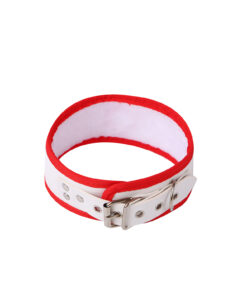 White and red padded collar with fur lining and metal buckle from the Nurse Bondage Kit
