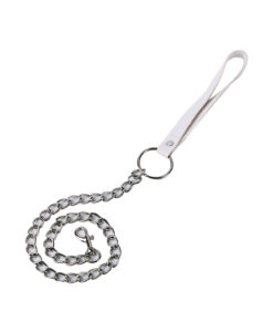 Silver chain leash with white leather handle from the Nurse Bondage Kit on white background
